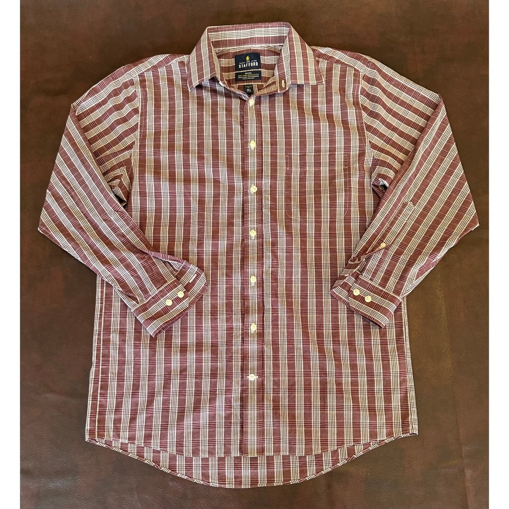 Stafford Travel Mens Regular Fit Plaid Dress Shirt Burgundy 15.5 32-33